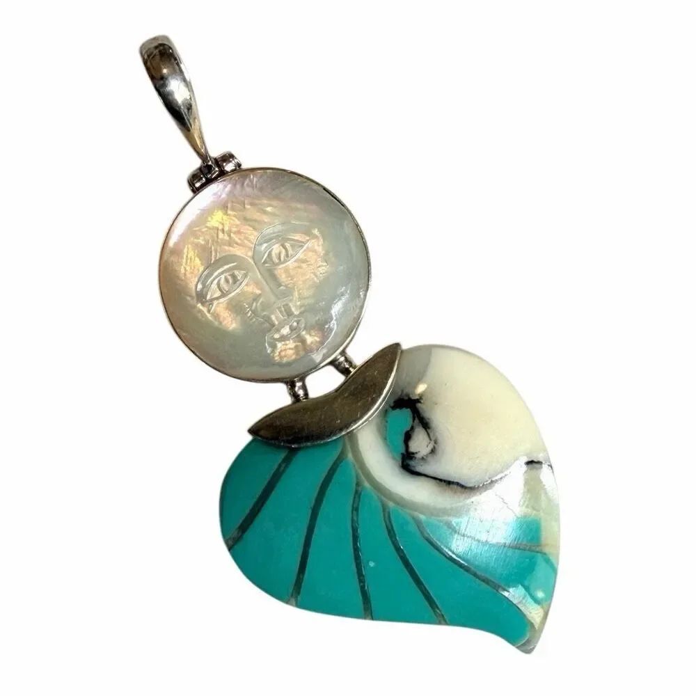 Vintage Sterling Silver Mother of Pearl Face Pendant Abstract Artisan Design
